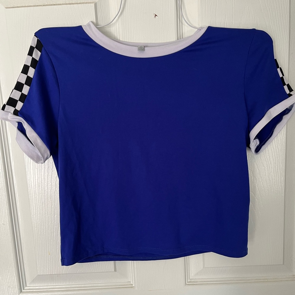 Blue Crop Top with Checkerboard Sleeves